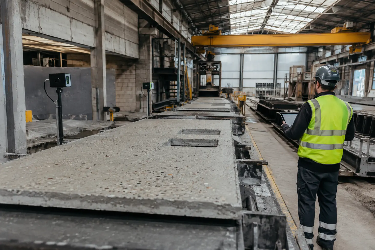 Concrete panel passing through a compact camera-based inspection station