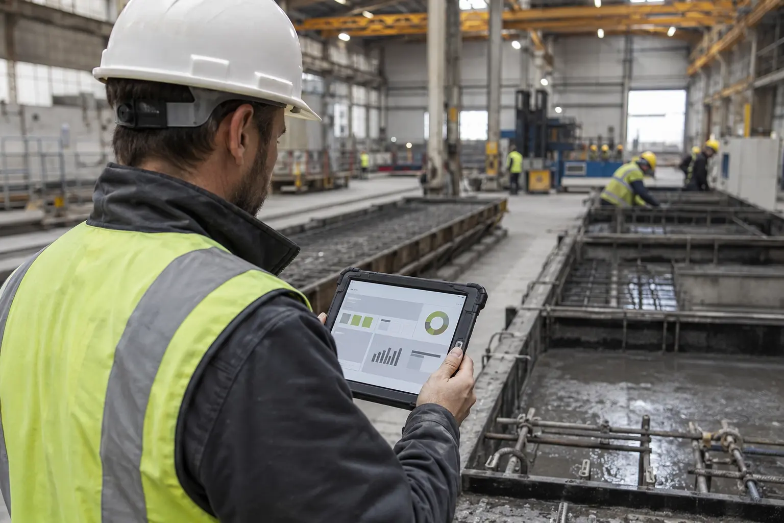 Precast factory supervisor reviewing production information on a rugged tablet