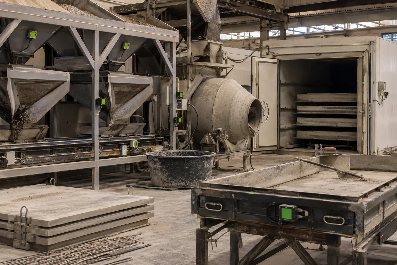 Aggregate batching, concrete mixing and curing equipment in an SME precast factory